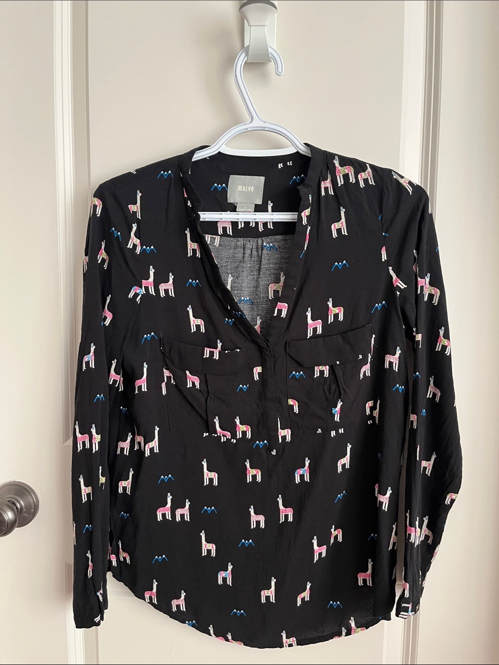 Maeve Black Blouse with Pink & White Llama Print